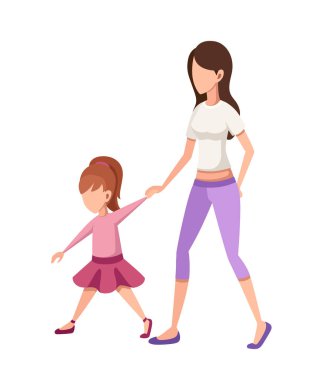 Anne ve kızı. Kız anne ile el ele tutuşarak, yürüyüş. Hiçbir yüz karakter tasarımı. Düz çizgi film vektör illüstrasyon izole beyaz arka plan üzerinde.