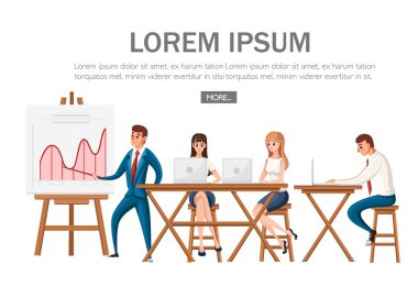 Office sunu. Planlama kurulu ve ahşap masa ve sandalyeler ile konferans salonu. İnsanların dizüstü bilgisayarlar ile çalışma. Çizgi film karakter tasarımı. Beyaz arka plan üzerinde düz vektör çizim.