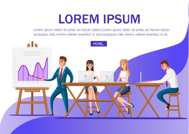 Office sunu. Planlama kurulu ve ahşap masa ve sandalyeler ile konferans salonu. İnsanların dizüstü bilgisayarlar ile çalışma. Çizgi film karakter tasarımı. Beyaz arka plan üzerinde düz vektör çizim.