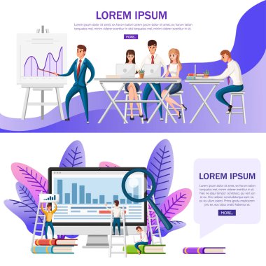 Office sunu. Planlama kurulu ve ahşap masa ve sandalyeler ile konferans salonu. İnsanların dizüstü bilgisayarlar ile çalışma. Çizgi film karakter tasarımı. Beyaz arka plan üzerinde düz vektör çizim.