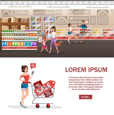 Woman is carrying a grocery cart with Sale banners. Girl in red shirt with smartphone. Cartoon character design. Flat vector illustration on supermarket background.