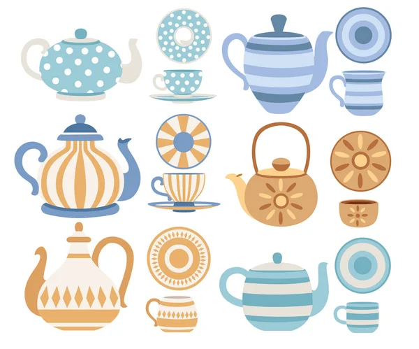 Vektor Set Von Teekannen Und Tassen Mit Niedlichen Mustern Teeservice — Stockvektor