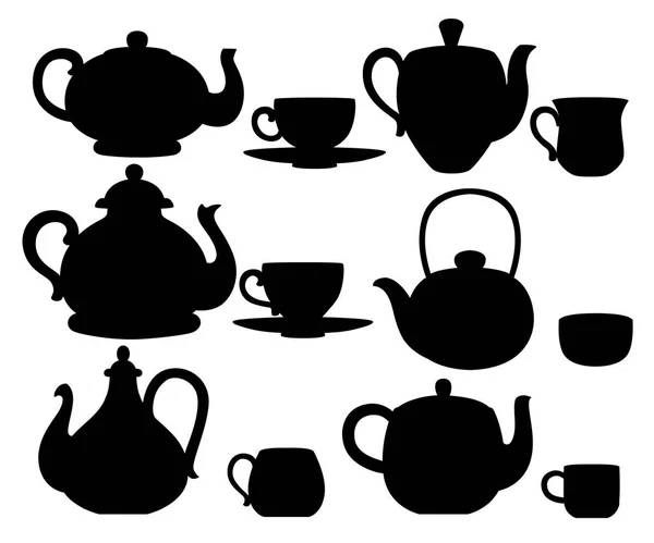 黒のシルエット ティーポットとカップ かわいいパターンのベクトルを設定します お茶セット漫画スタイルのデザイン 白い背景の上のフラットのベクトル図 — ストックベクタ