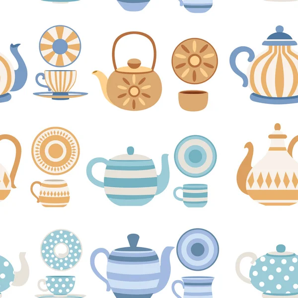 无缝模式 向量集茶壶和杯子与可爱的图案 茶具卡通风格设计 在白色背景的平的向量例证 — 图库矢量图片