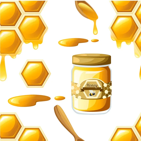 Seamless Mönster Honungskaka Med Honung Droppar Sweet Honey Med Blommor — Stock vektor