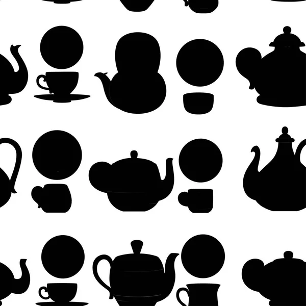 シームレス パターン 黒のシルエット ティーポットとカップ かわいいパターンのベクトルを設定します お茶セット漫画スタイルのデザイン 白い背景の上のフラットのベクトル図 — ストックベクタ