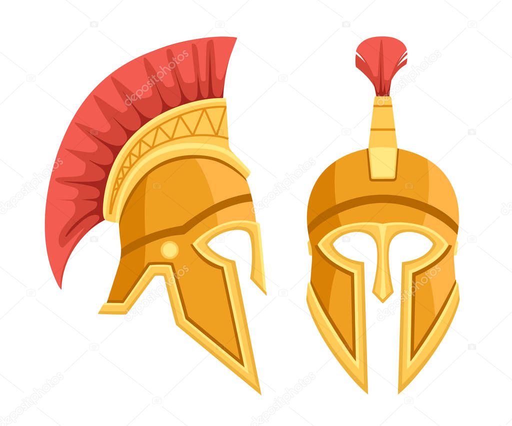 Bronze greek helmet. Spartan ancient armor. Red hair helmet. Flat vector illustration isolated on white background.