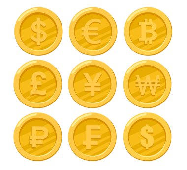 Altın sikke koleksiyonu. Dolar, euro, Rublesi, bitcoin, yen. Dokuz madeni para simgeler. Beyaz arka plan üzerinde izole düz vektör çizim.