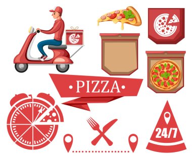 Pizza Kafe logo, pizza simgesi, amblem fast food restoran için. Pizza simgesi toplama. Kurye kırmızı scooter üzerinde. Düz vektör illüstrasyon izole beyaz zemin üzerine.