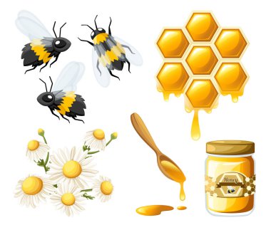 Petek bal damla ile. Tatlı bal çiçek ve arılar ile. Bal ve kaşık kapsayıcısı. Dükkan veya fırın için logo. Beyaz arka plan üzerinde izole düz vektör çizim.