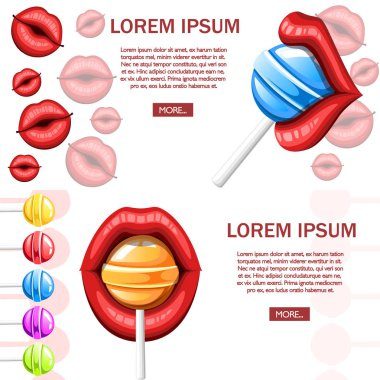 Şeker ile seksi kırmızı dudaklar. Kırmızı kadın parlak dudaklar ve mavi turuncu lolipop. Renkli simge. Beyaz arka plan üzerinde düz vektör çizim. Banner tasarım. Web sayfası ve mobil uygulaması tasarım,