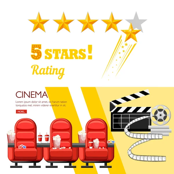 赤の映画館の椅子 つ星映画のコンセプト デザイン コーラとポップコーン Web サイト ページとモバイル アプリの設計 フラットのベクトル図 — ストックベクタ