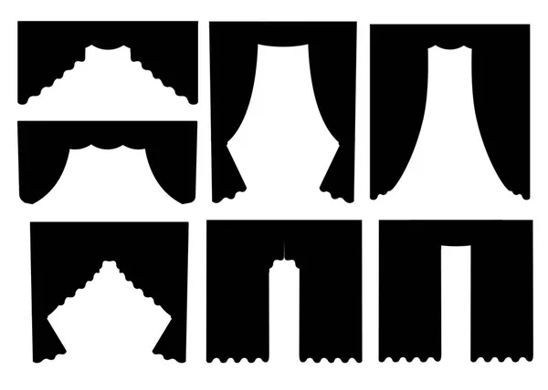 Черный Силуэт Коллекция Роскошных Шелковых Штор Драпировок Дизайн Интерьера Плоская — стоковый вектор