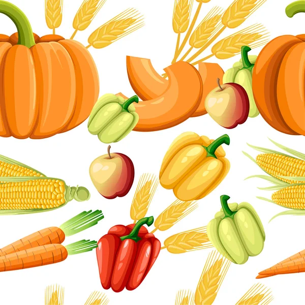Seamless Pattern Fresh Vegetables Pepper Pumpkin Carrot Corn Healthy Food — Stock Vector