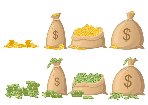 Σετ Τσάντα Χρημάτων Πανί Τσουβάλι Γεμάτο Χαρτί Δολάρια Και Χρυσά — Διανυσματικό Αρχείο
