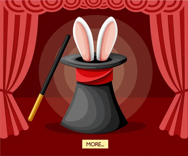Grand Chapeau Magique Noir Avec Des Oreilles Lapin Rideaux Rouges — Image vectorielle