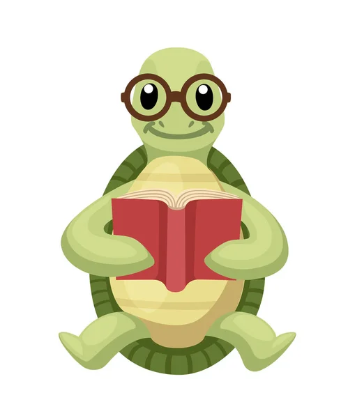 Happy Cute Turtle Sit Read Book Smile Turtle Glasses Cartoon — Stock Vector