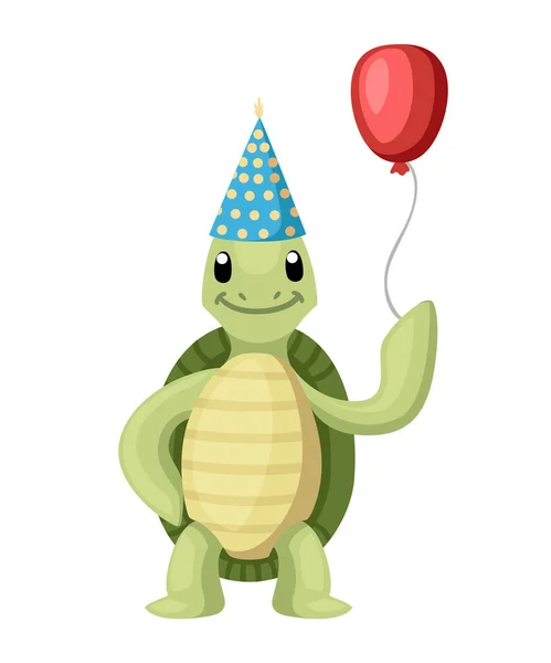 Happy cute turtle stand with smile. Turtle hold red balloon with cone hat. Cartoon character design. Flat vector illustration isolated on white background.