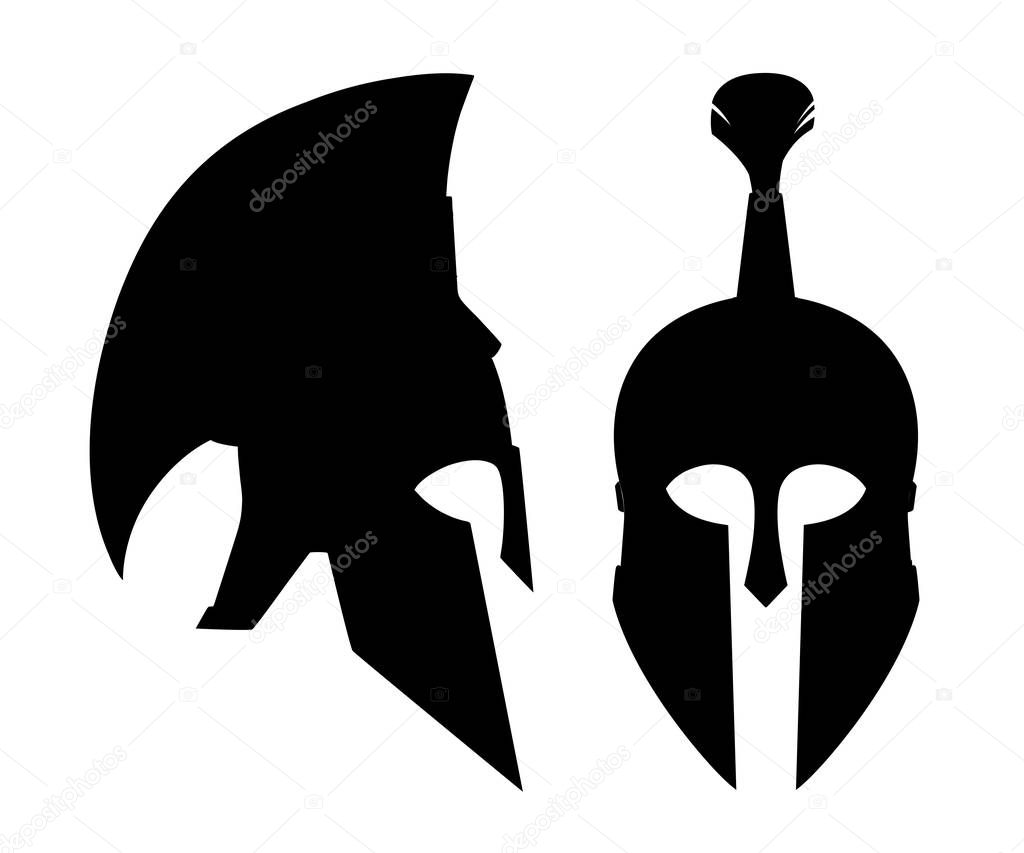 Black silhouette. Bronze greek helmet. Spartan ancient armor. Red hair helmet. Flat vector illustration isolated on white background.