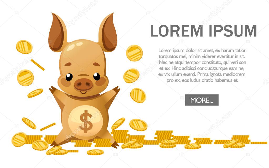 Cute piggy bank. Cartoon character design. Little pig play with gold coin. Falling coins. Flat vector illustration on white background. Website page and app design.