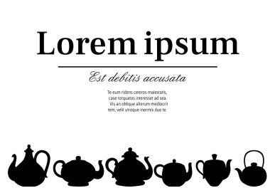 Siyah siluet. Vektör çaydanlıklar şirin desenleri ile set. Çay seti karikatür tarzı tasarım. Beyaz arka plan üzerinde düz vektör çizim. Metin için yer.
