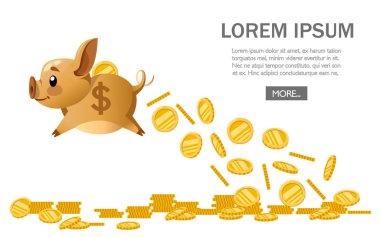 Altın uçan kumbara açılan altın sikke. Para yağmur. Para kavramı, banka ekonomi kaydetme. Beyaz arka plan üzerinde düz vektör çizim. Web sayfası ve mobil uygulaması tasarım.