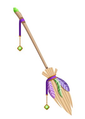 Sihirli uçan süpürge. Cadılar Bayramı için bir parti için nesne. Yeşil taş ve renkli tüy ahşap süpürgeyle. Beyaz arka plan üzerinde izole düz vektör çizim.