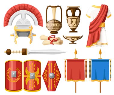 Antik Roma simgeler koleksiyonu. Giysi, gladius, kalkan, verilirse ve seramik sofra. Beyaz arka plan üzerinde izole düz vector Illustrator.
