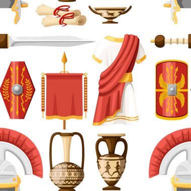 Seamless modeli. Antik Roma simgeler koleksiyonu. Giysi, gladius, kalkan, verilirse ve seramik sofra. Beyaz arka plan üzerinde izole düz vector Illustrator.
