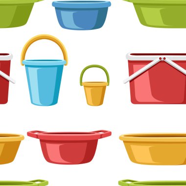 Seamless modeli. Su kapları topluluğu. Su kovaları ve havzaları. Plastik ürünler toplu pazar. Beyaz arka plan üzerinde düz vektör çizim.