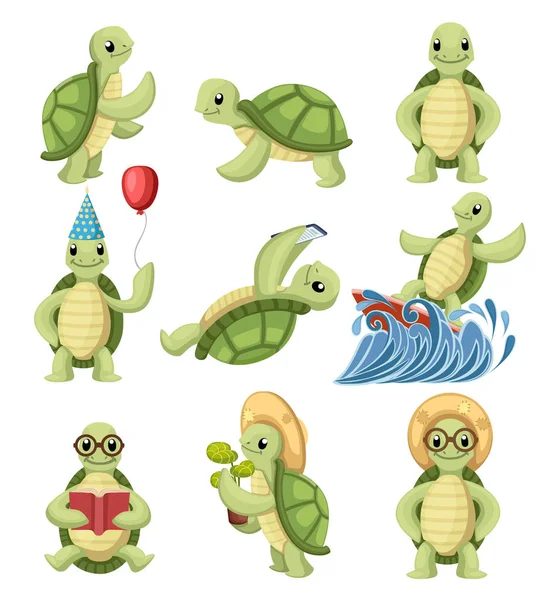 Collection Turtles Cartoons Characters Little Turtles Different Things Flat Vector — Stock Vector