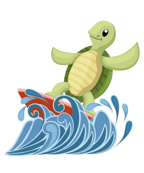 Happy Cute Turtle Surfboard Turtle Water Cartoon Character Design Flat — Stock Vector
