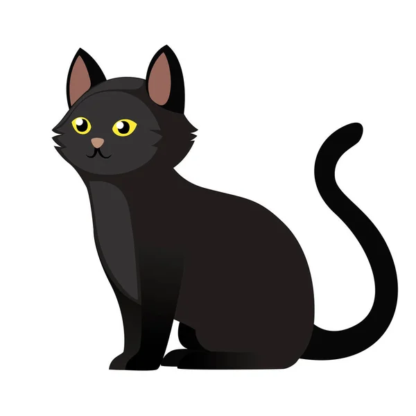 Sarı Gözlü Siyah Kedi Oturuyor Sevimli Hayvan Çizgi Film Karakter — Stok Vektör