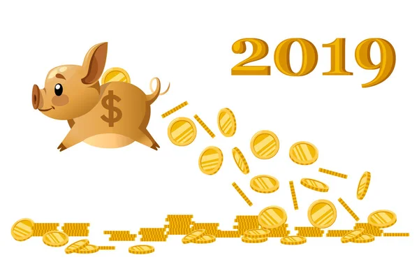 Golden flying piggy bank drop golden coins. Money rain. Saving money concept, bank economy. Flat vector illustration on white background. 2019 year.