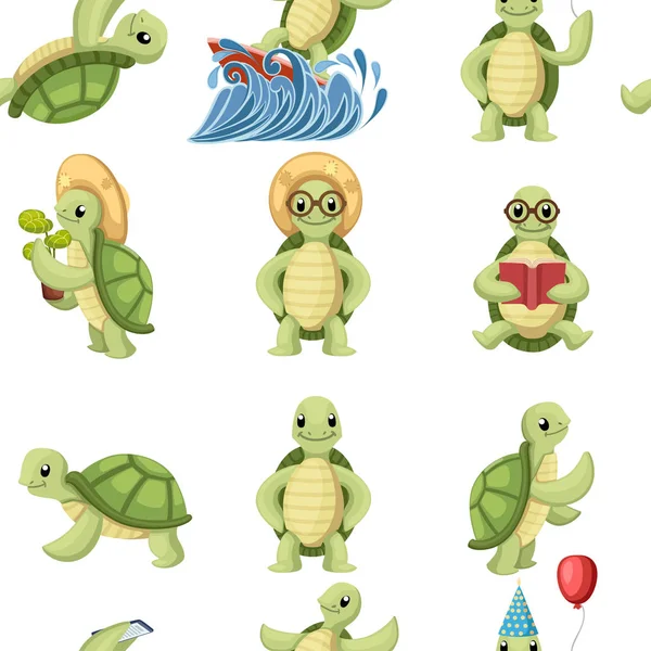 Collection Turtles Cartoons Characters Little Turtles Different Things Flat Vector — Stock Vector