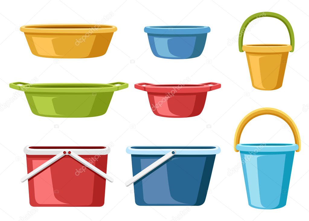 Collection of water containers. Water buckets and basins. plastic products mass market. Flat vector illustration isolated on white background.