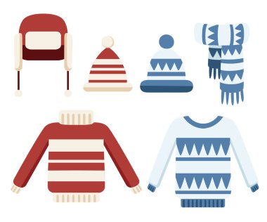 Kış örme giyim koleksiyonu. Kazak, şapka, eşarp. El yapımı giyim deseni, kış tarzı ile. Beyaz arka plan üzerinde izole düz vektör çizim.