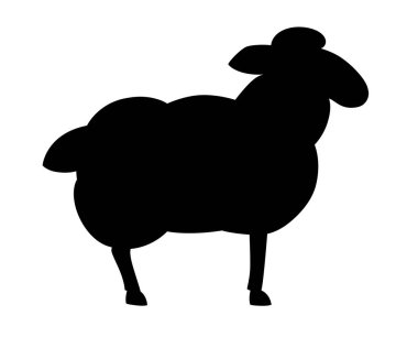 Siyah siluet. Beyaz koyun. Çiftlik Evcil hayvan. Düz stil hayvan tasarımı. Beyaz arka plan üzerinde izole vektör çizim.