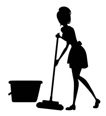 Siyah siluet. Güzel hizmetçi klasik Fransız kıyafeti. Çizgi film karakter tasarımı. Kadın kahverengi kısa saçlı. Oda hizmetçisi temizlik paspas ile zemin. Beyaz arka plan üzerinde düz vektör çizim.