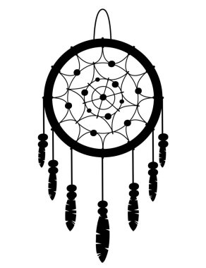 Siyah siluet. Dreamcatcher boho Kızılderili Hint tılsım. Aşiret tasarım. Eşarplı sihirli madde. Moda düz stil tılsım. Beyaz arka plan üzerinde izole vektör çizim.