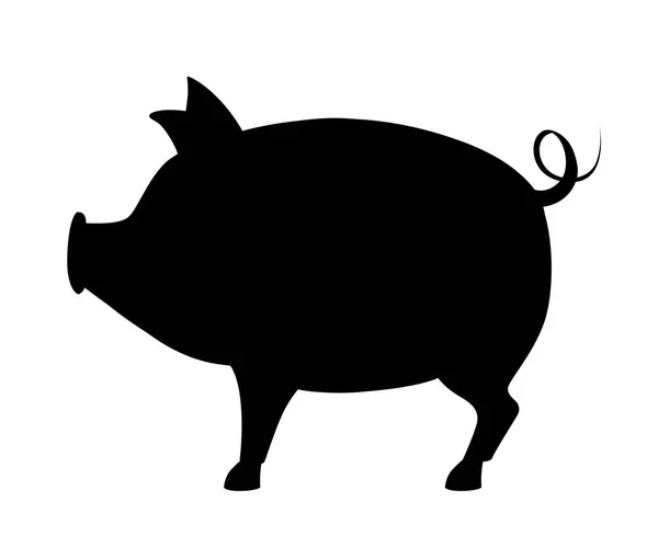 Schwarze Silhouette Großes Schwein Mit Lockigem Schwanz Nutztiere Flachen Stil — Stockvektor