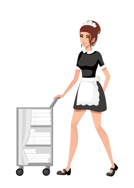 Beautiful smiling maid in classic french outfit. Cartoon character design. Women with brown short hair. Hotel staff engaged in performance of service duties. Flat vector illustration.
