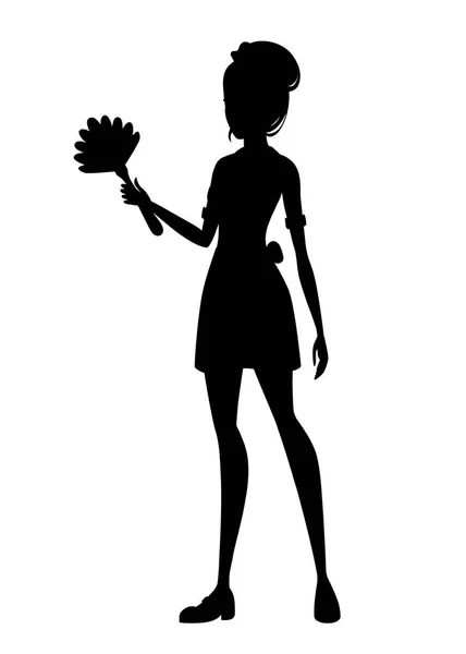 Black silhouette. Beautiful maid in classic french outfit. Cartoon character design. Women with brown short hair. Maid holding duster brush. Flat vector illustration isolated on white background.