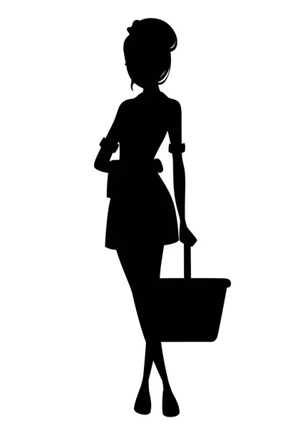 黒のシルエット フランスの古典的な服で美しいメイドさん 漫画のキャラクター デザイン メイド クリーニング バケツとタオルを保持しています 白い背景で隔離のフラット ベクトル図 — ストックベクタ