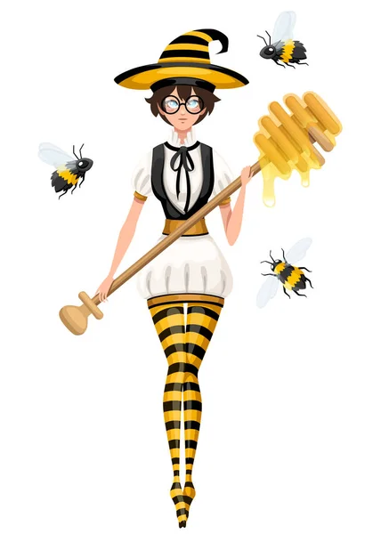 Χαριτωμένα Καφέ Μαλλιά Μάγισσα Μέλι Που Φέρουν Τις Μέλισσες Γυναίκα — Διανυσματικό Αρχείο