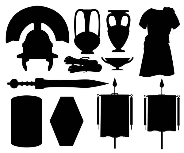 Black silhouette. Collection of ancient Roman icons. Clothes, gladius, scutum, scrolls and ceramic tableware. Flat vector illustrator isolated on white background.