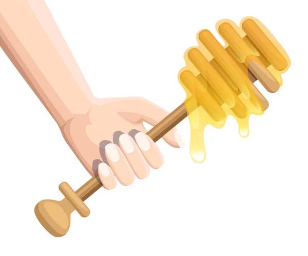 Hand Hold Wooden Honey Dipper Honey Stick Flowing Honey Kitchen — Stock Vector