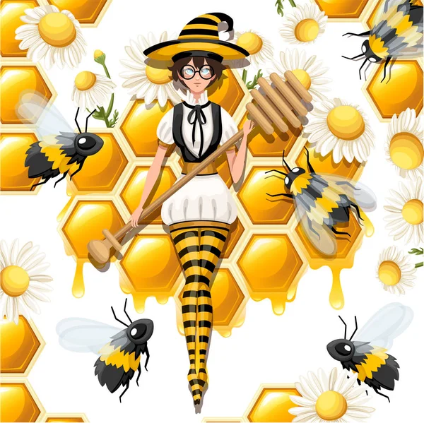 Ładna Brunetka Miód Czarownicy Latające Pszczół Kobieta Trzyma Łyżki Miodu — Wektor stockowy