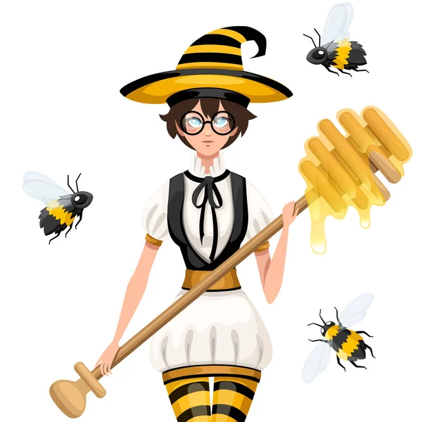 Cute Brown Hair Honey Witch Flying Bees Female Holding Honey — Stock Vector
