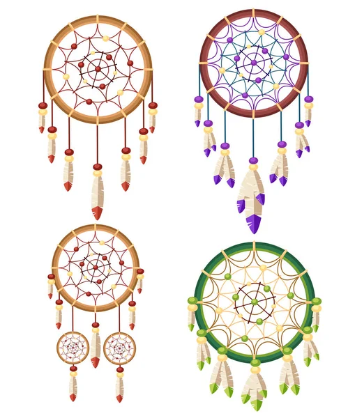 Zestaw Czterech Dreamcatcher Boho Native American Indian Talizman Plemiennych Projektowania — Wektor stockowy